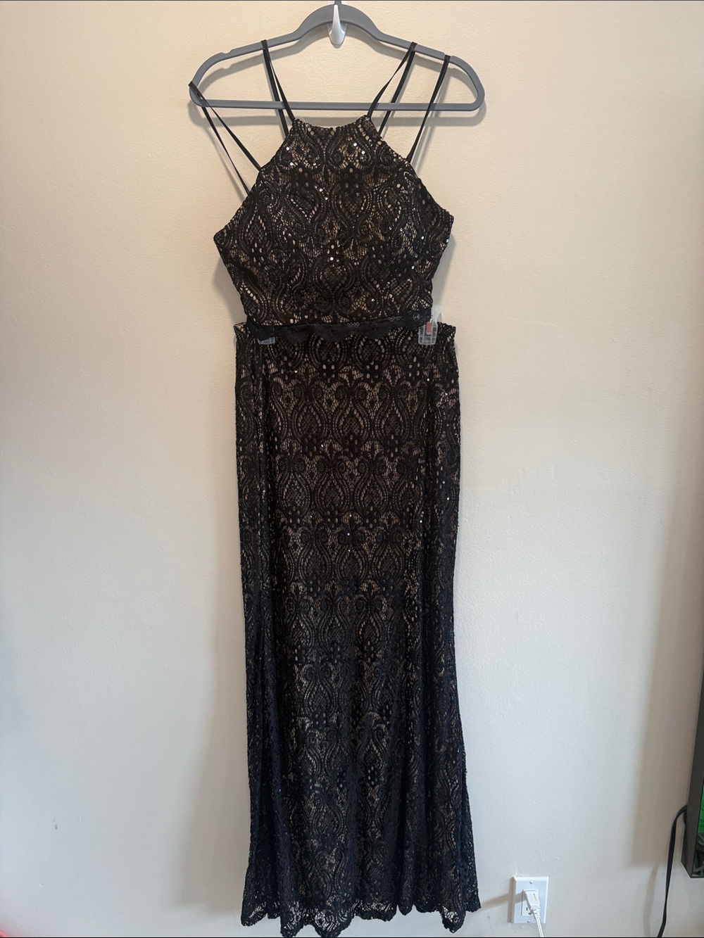 Black Lace & Sequin Halter Top & Skirt with Strappy Back